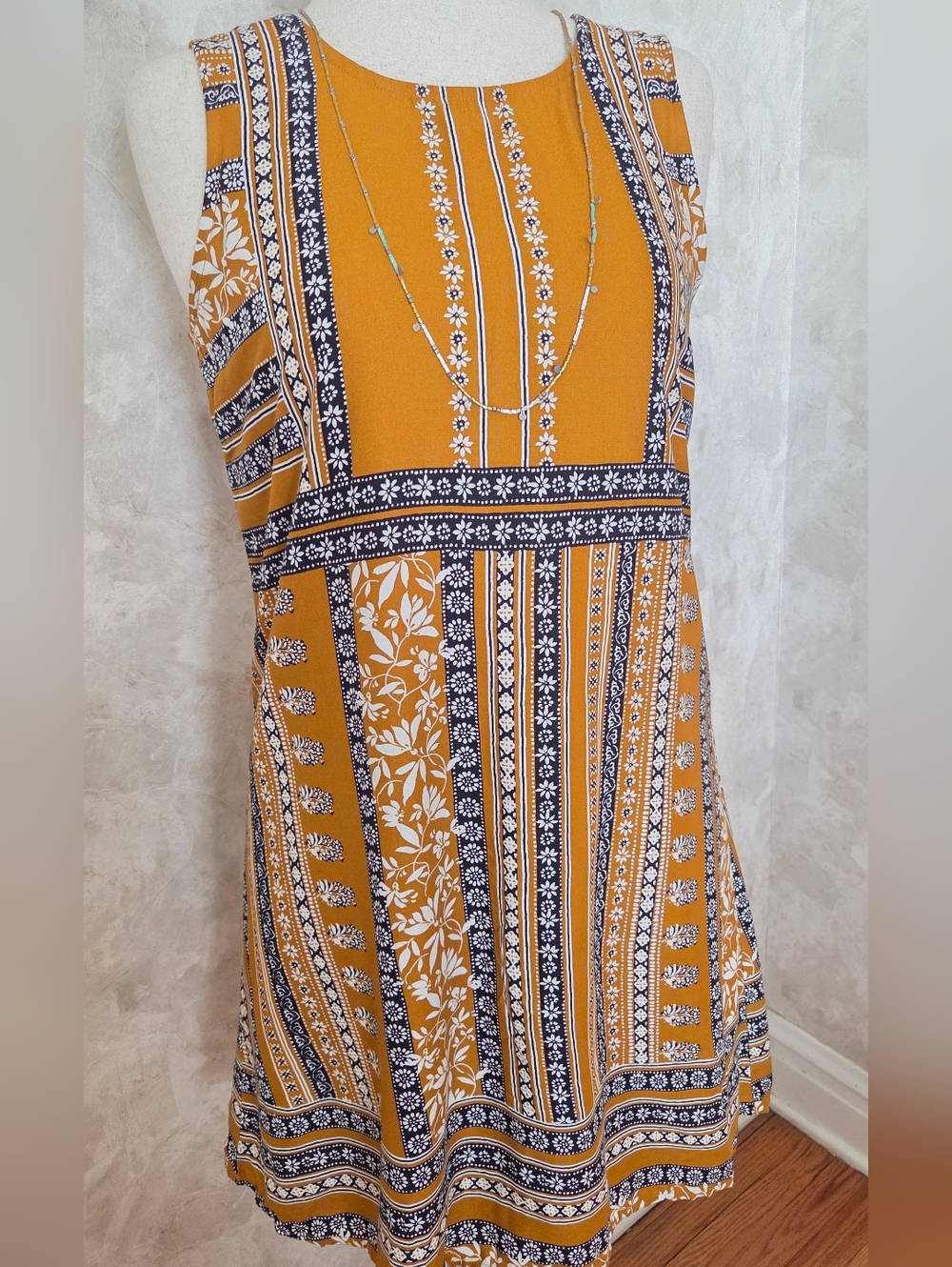 NWT Maurices Mustard Boho Dress Small Sleeveless Swing Rayon Striped Print